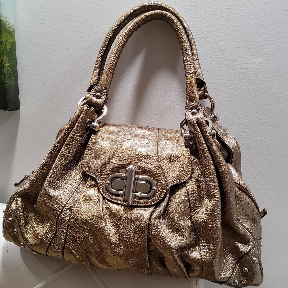 Metallic Gold Women's Satchel Handbag with Turn-Lock Accent
